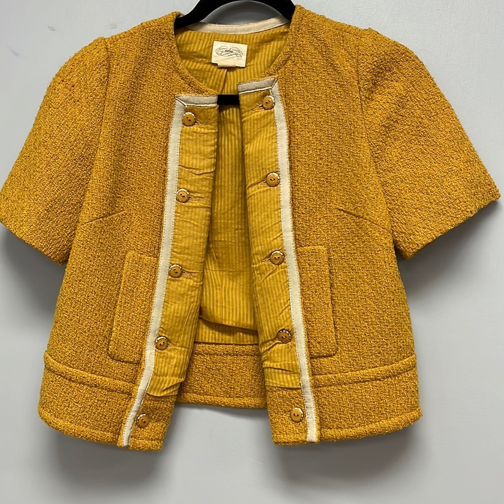 Anthropologie CIDRA Anthropologie Mustard Yellow Woven Boucle Jacket Size 2